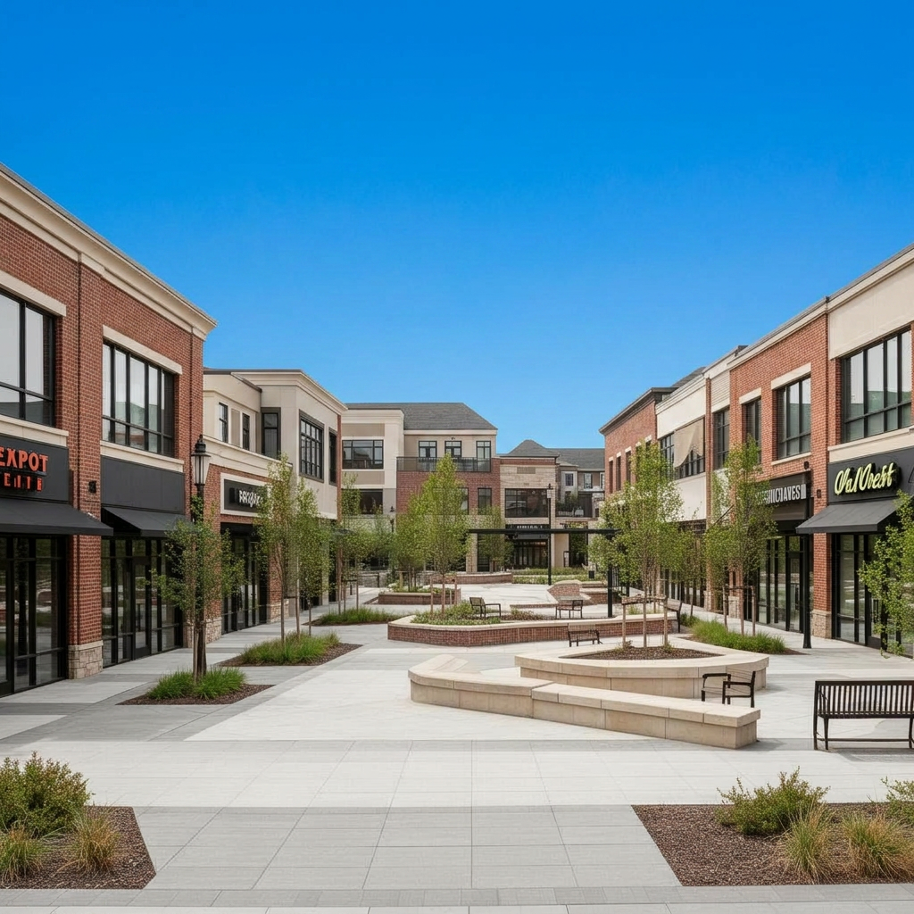 Modern neighborhood retail development with commercial storefronts and community plaza at golden hour
